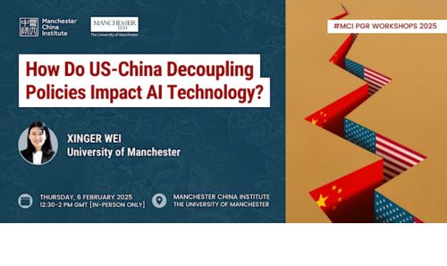 Banner for 'How Do US-China Decoupling Policies Impact AI Technology?' by Xinger Wei (University of Manchester) on 6 February 2025, 12:30 - 2 PM GMT at the Manchester China Institute.