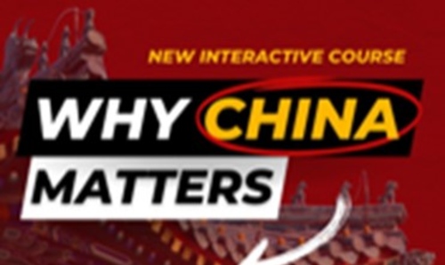 Promotional banner for Why China Matters featuring bold text on a red background with a traditional Chinese architectural element